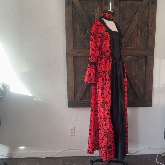 Victorian Dress Red Bow Floral Print Square Neckline Long Sleeves Matte - Picture 6 of 16